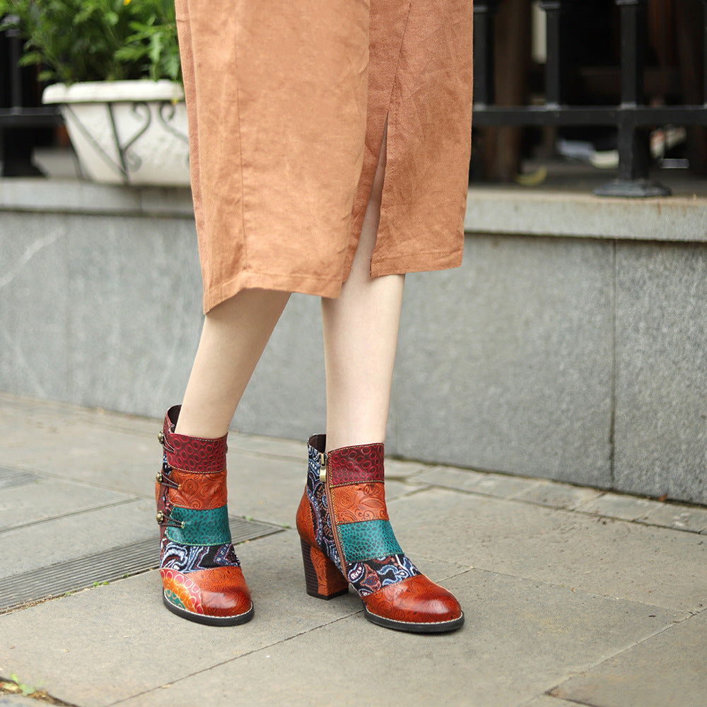 Women's Stitching Jacquard Techniques Fashion Comfortable Thick Women's Leather Boots