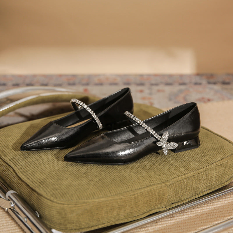 Women's Chunky Flat Pointed Toe Rhinestone Bow Women's Fashion Shoes