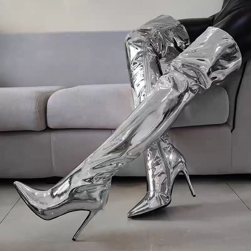 Women's Stiletto Mirror Skin Patent Plus Size Super Women's Leather Boots