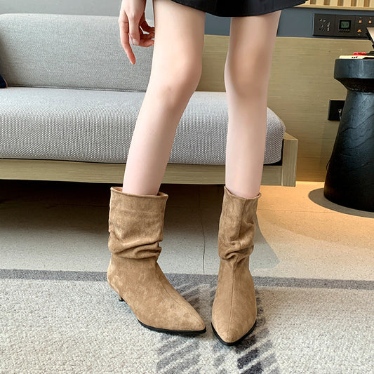 Women's Low Martin Suede Skinny French Booties Pile Men's Shoes
