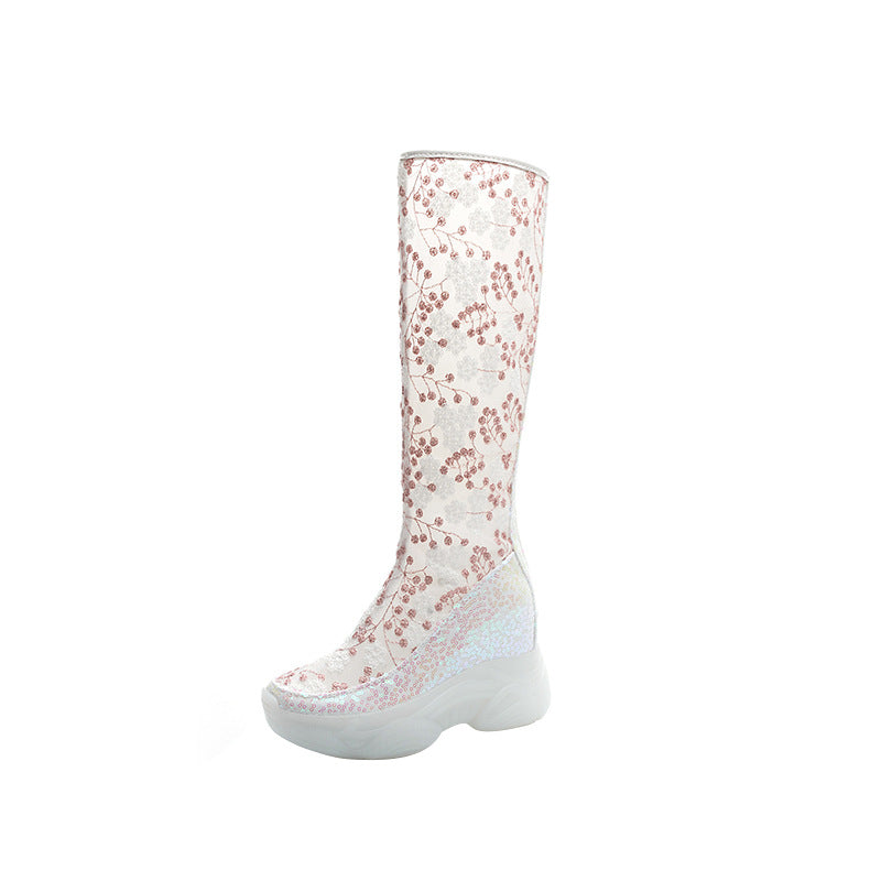 Women's Increasing Insole Embroidered Back Zipper Small Slim Boots