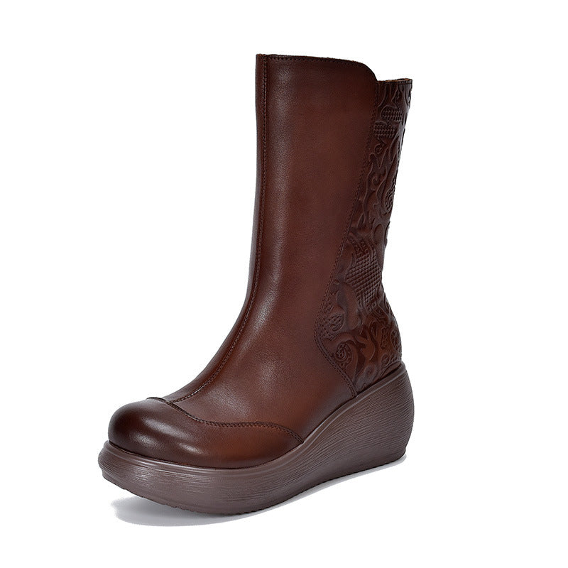 Women's Middle Wedge Platform High-rise With First Layer Of Cowhide Soft Women's Leather Boots