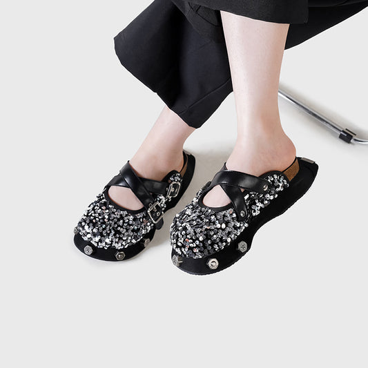 Women's Shiny Retro Half One Pedal Outer Slippers