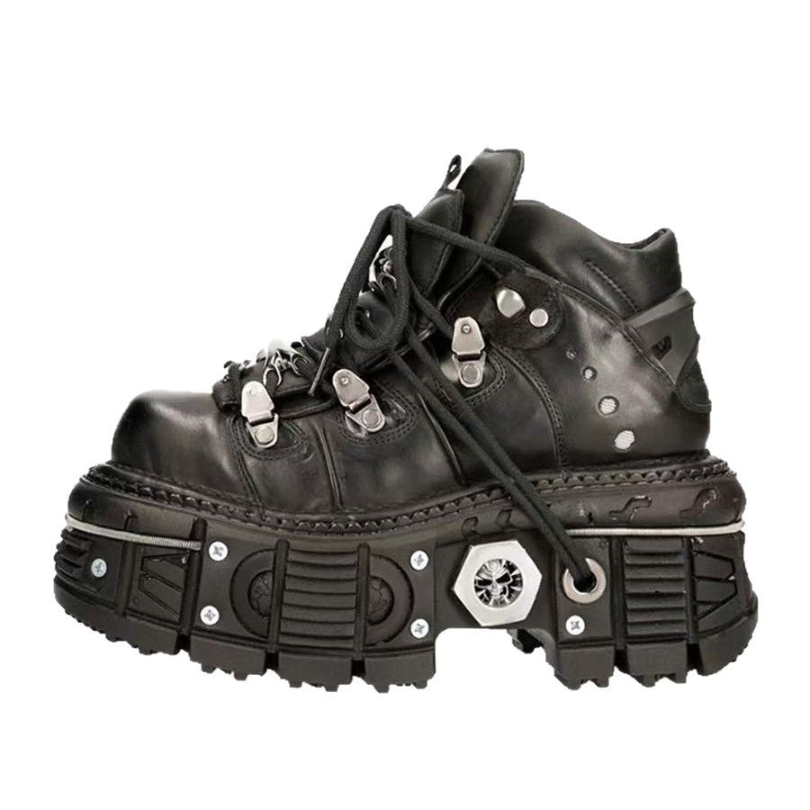 Women's & Men's Retro Spanish Tank Bottom Metal Platform Dark Leather Shoes