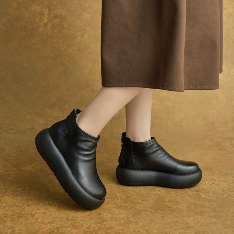 Women's Genuine Booties Retro Wedge Platform Height Increasing Women's Leather Boots