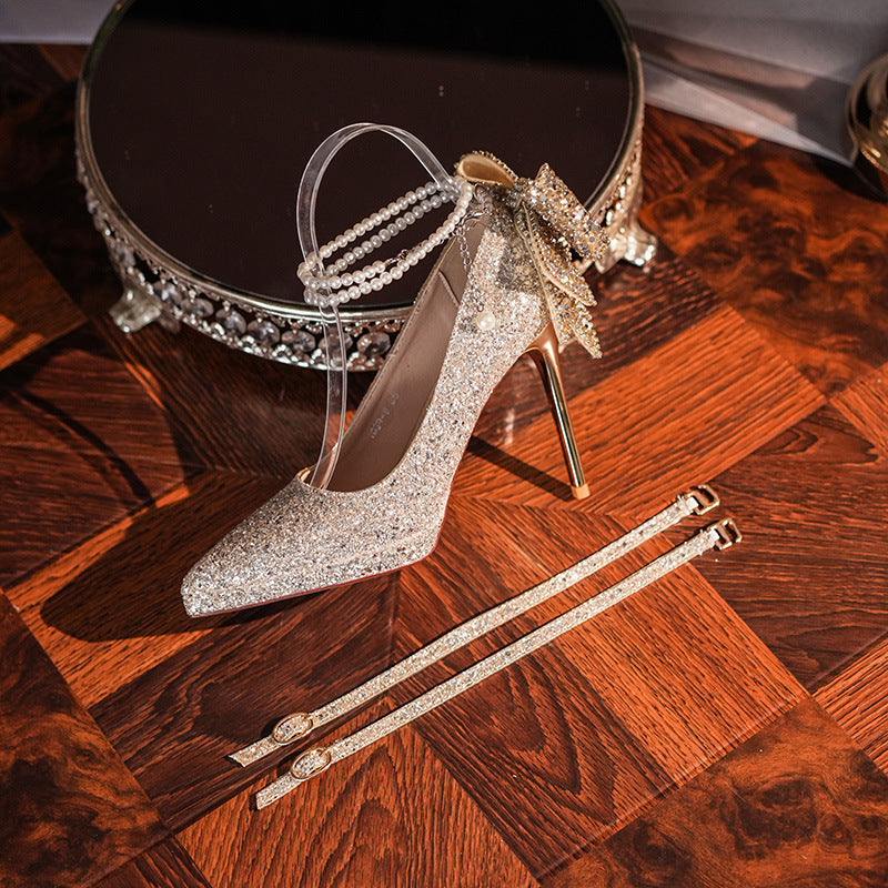 Women's Crystal Sequined Adult Ceremony Pearl Chain Bow Heels