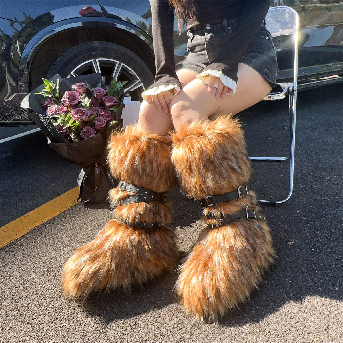 Punk Faux Fur Rivet Slimming Lace Boots