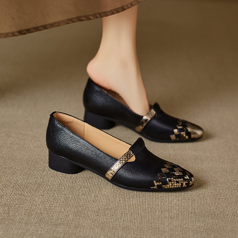 Women's Temperament Color Matching Sheepskin Woven Roman Authentic Low Small Slip-on Leather Shoes