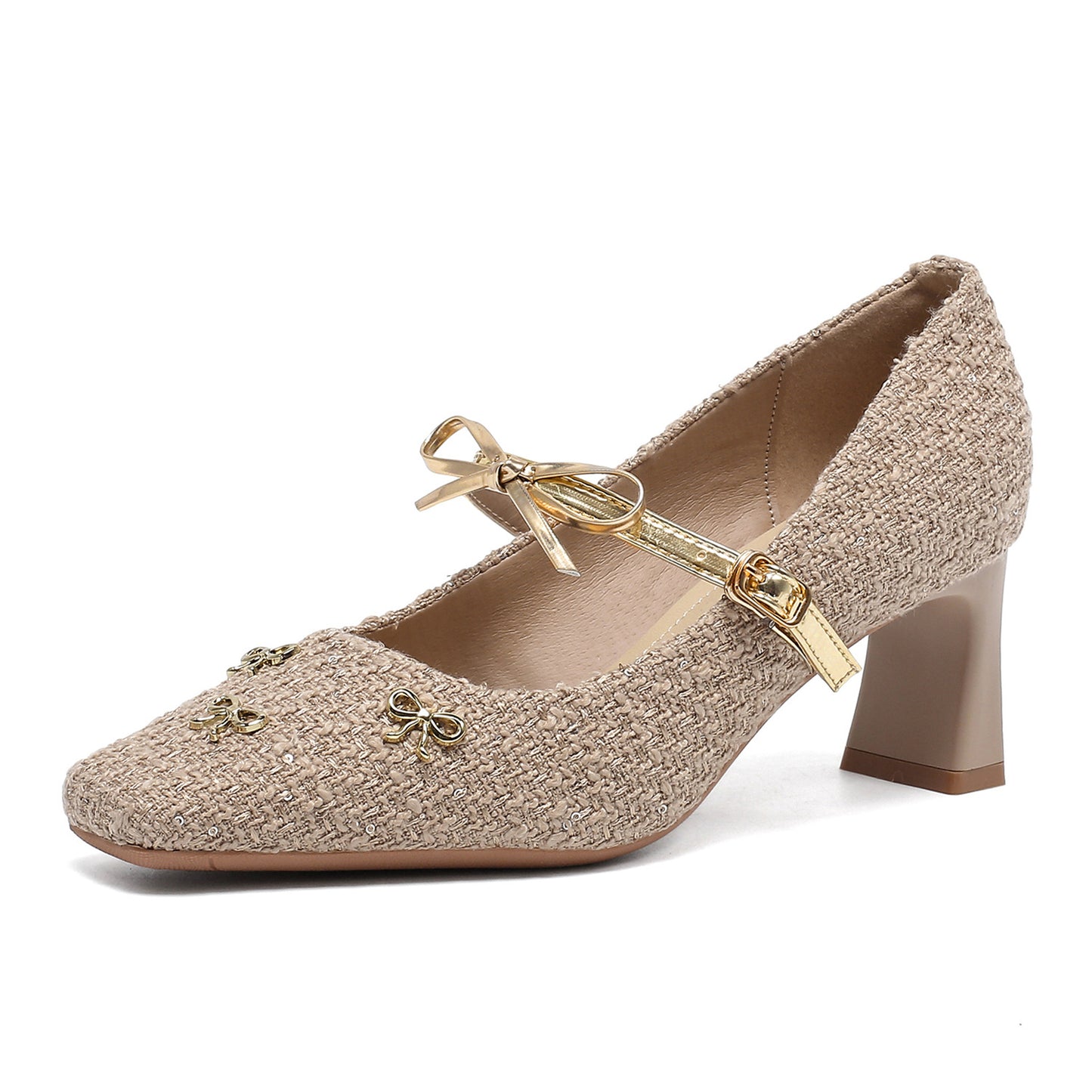 Women's Chunky Square Toe Mary Jane French Style Bow Woven Surface Women's Fashion Shoes