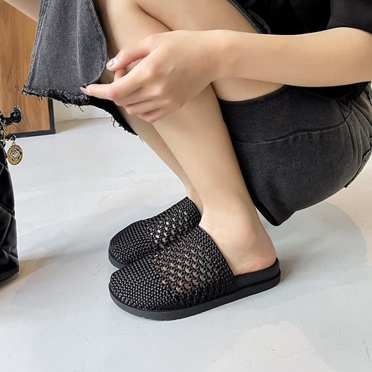 Bottom Hand-woven Half Miss Closed Toe Breathable Hollow Mesh Slippers