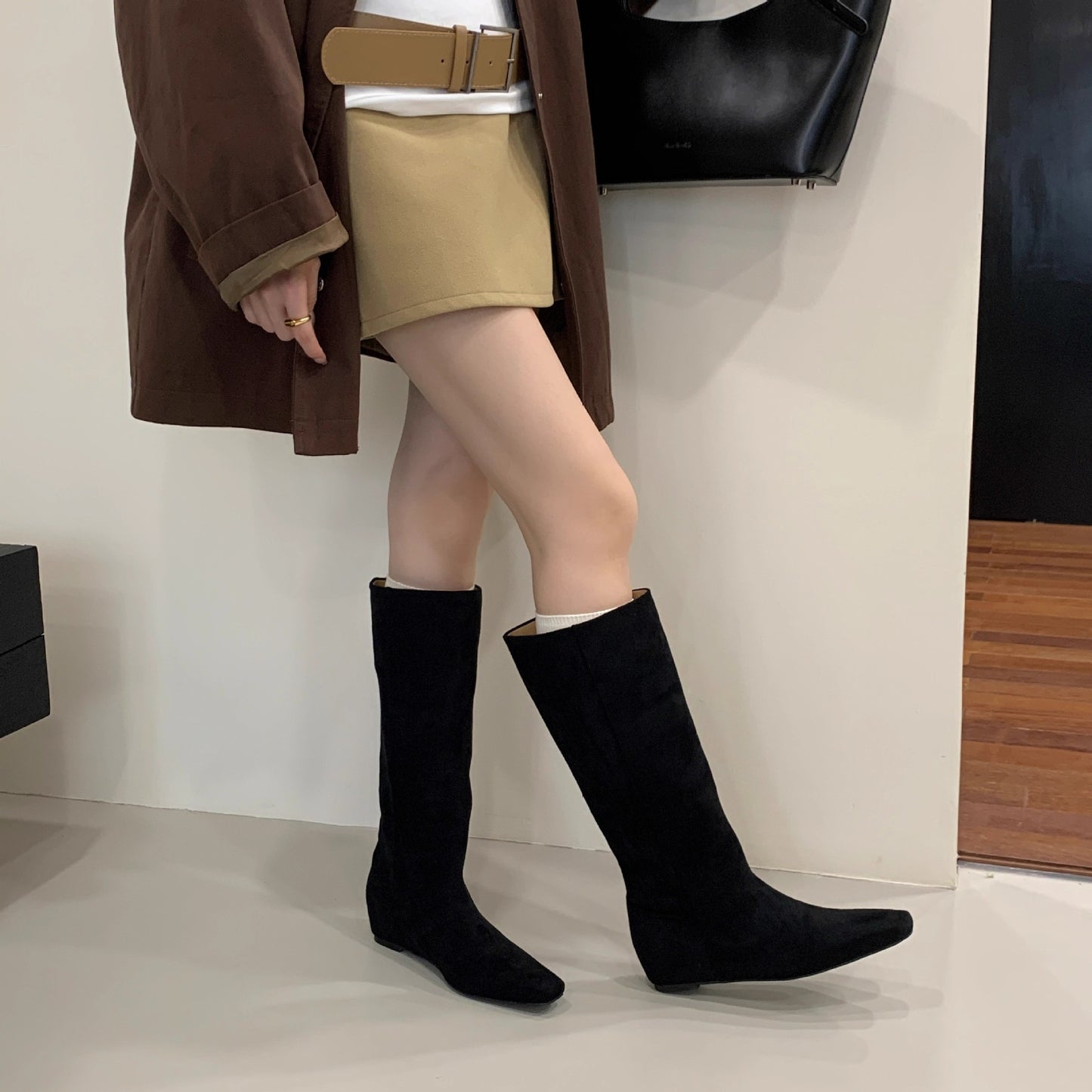 Women's Height Increasing Insole Retro Below The Knee Women's Leather Boots