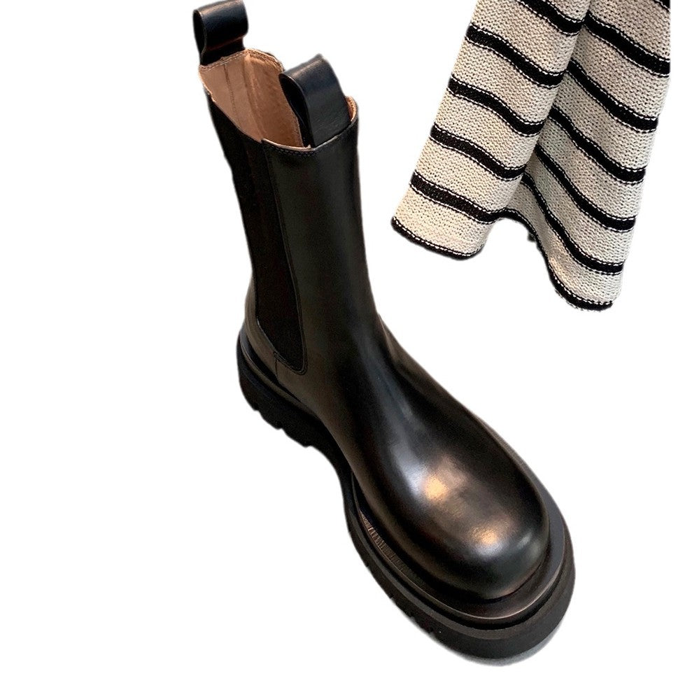 Women's Cowhide Version Fleece-lined Platform Chelsea Booties Hight Increasing Martin Women's Leather Boots