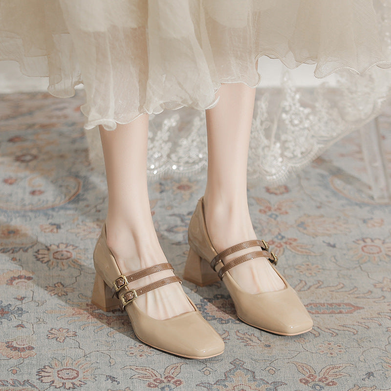 Women's Style Small Shallow Mouth Apricot Temperament Chunky Women's Fashion Shoes