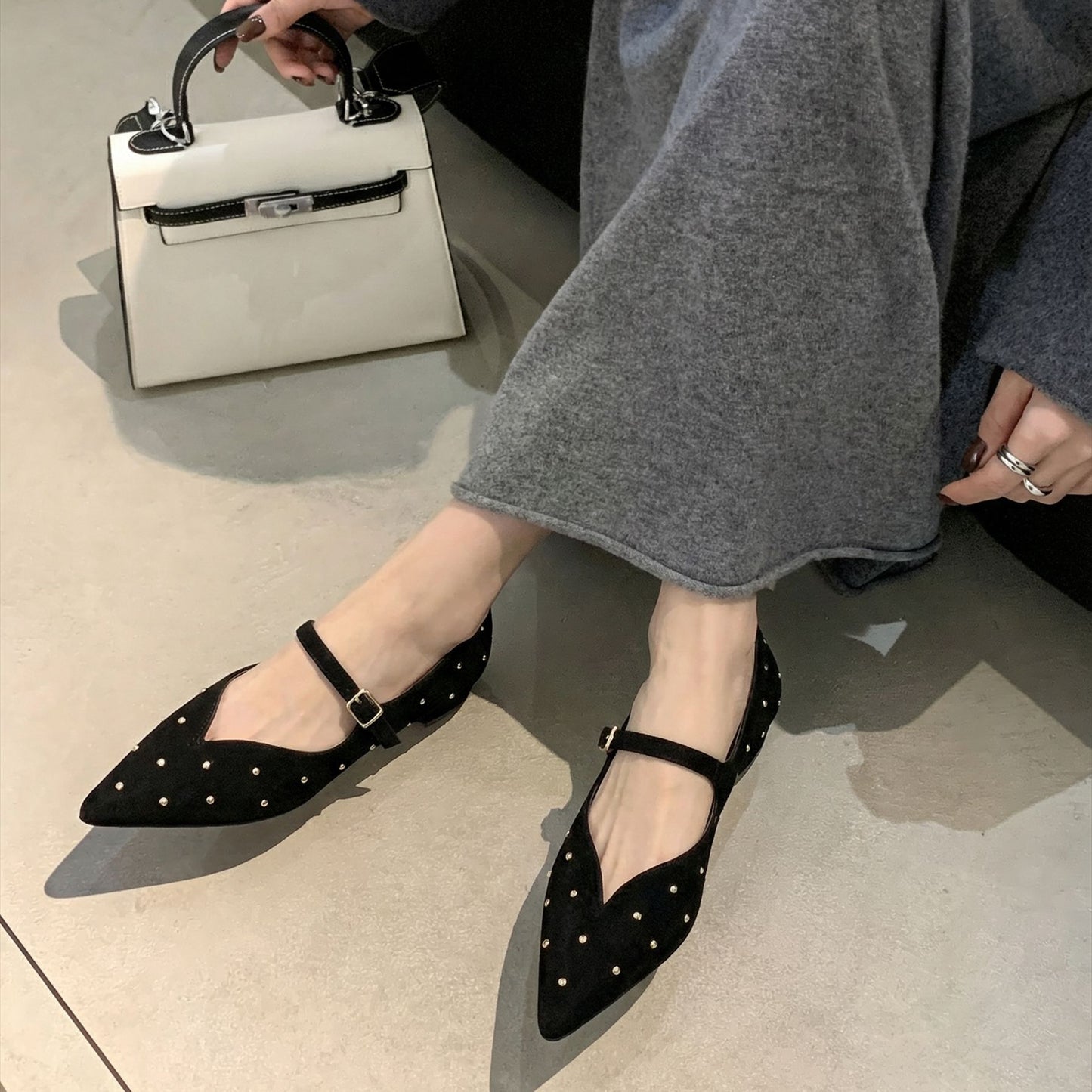 Women's Spring French Vintage Style Low Mary Jane Rivet Buckle Shallow Heels