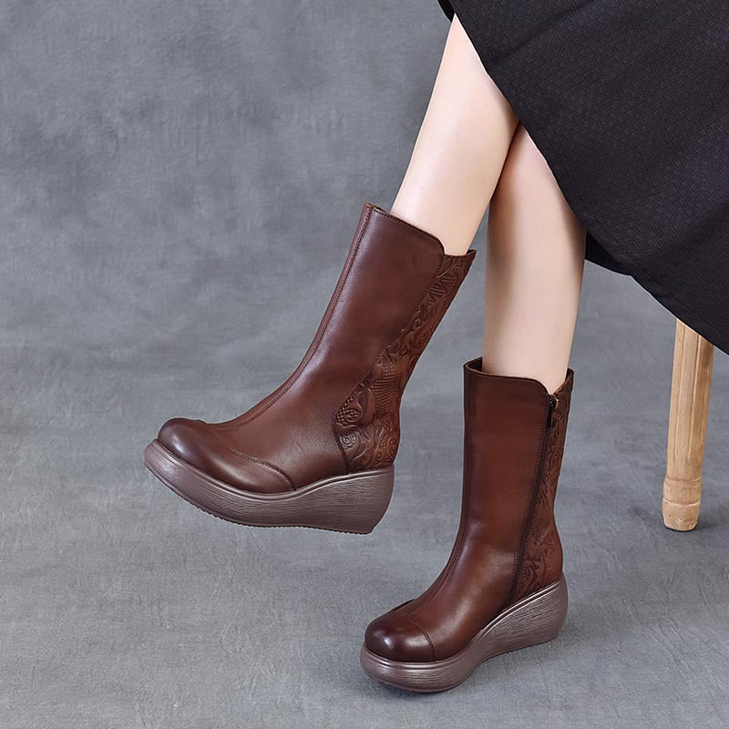 Women's Middle Wedge Platform High-rise With First Layer Of Cowhide Soft Women's Leather Boots