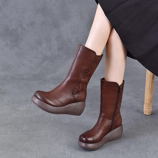 Women's Middle Wedge Platform High-rise With First Layer Of Cowhide Soft Women's Leather Boots