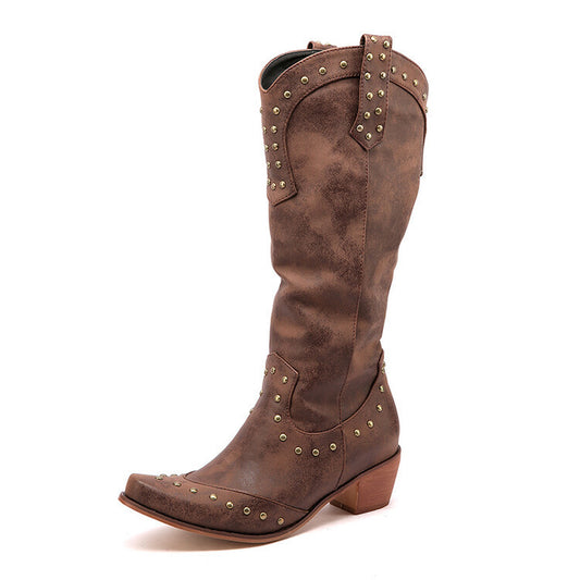 Women's Metal Rivet Square Toe High Western Women's Leather Boots