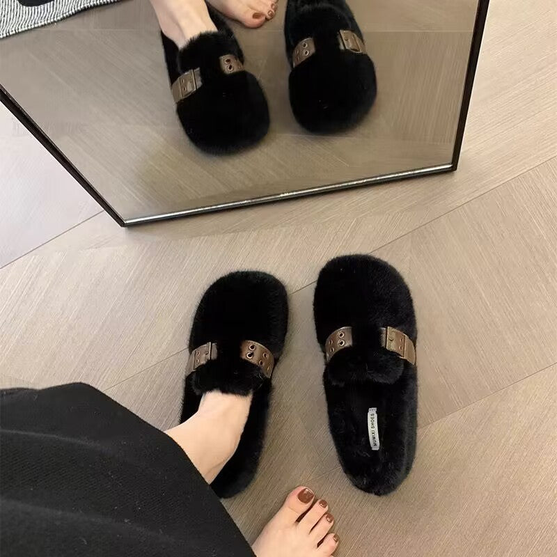 Women's Mink Fur Outer Wear Fairy Style Slip-on Flat Women's Shoes