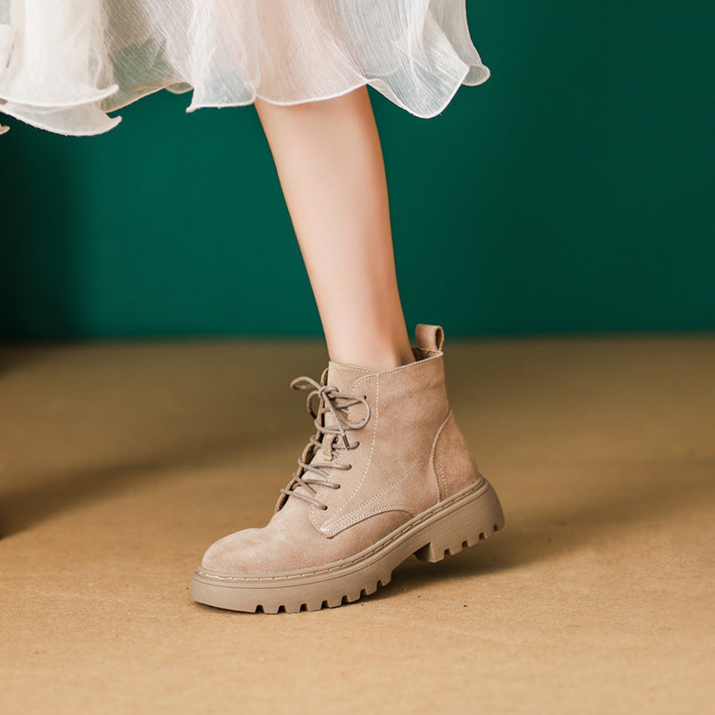 Women's Frosted Genuine British Style Mid Martin Flat Women's Leather Boots