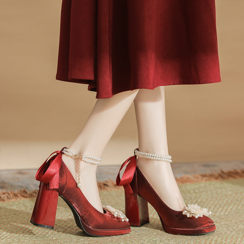 Women's Red Square Toe Mary Jane Wedding Heels