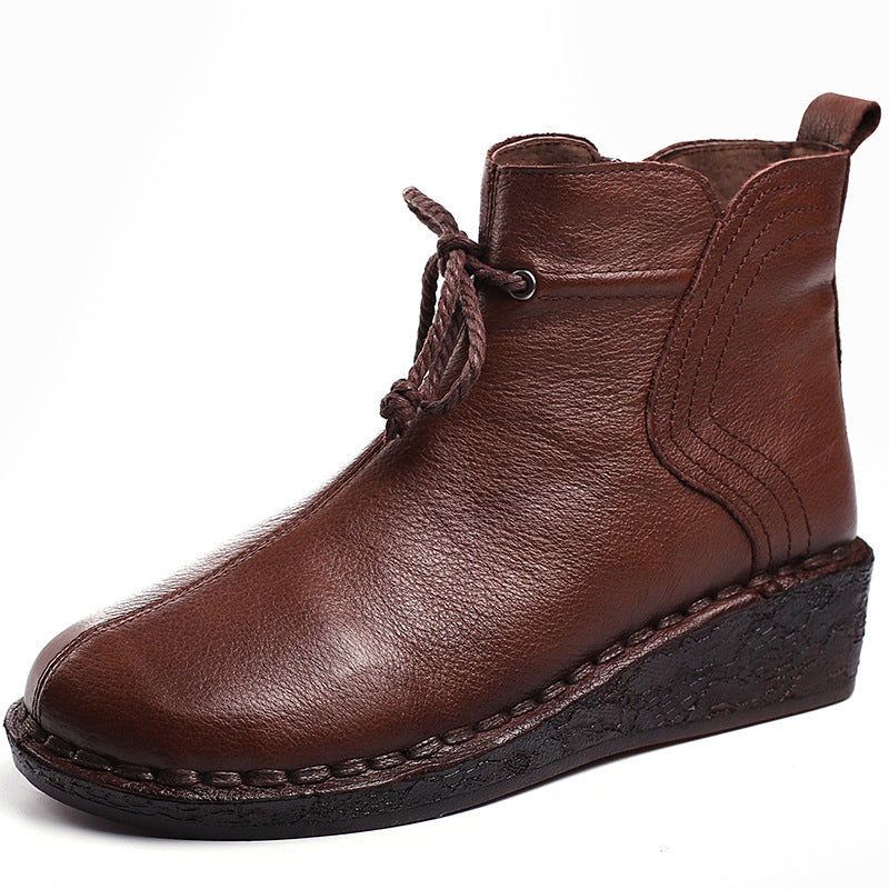 Women's Wedge Side Zipper Round Toe Vintage Height Leather Shoes