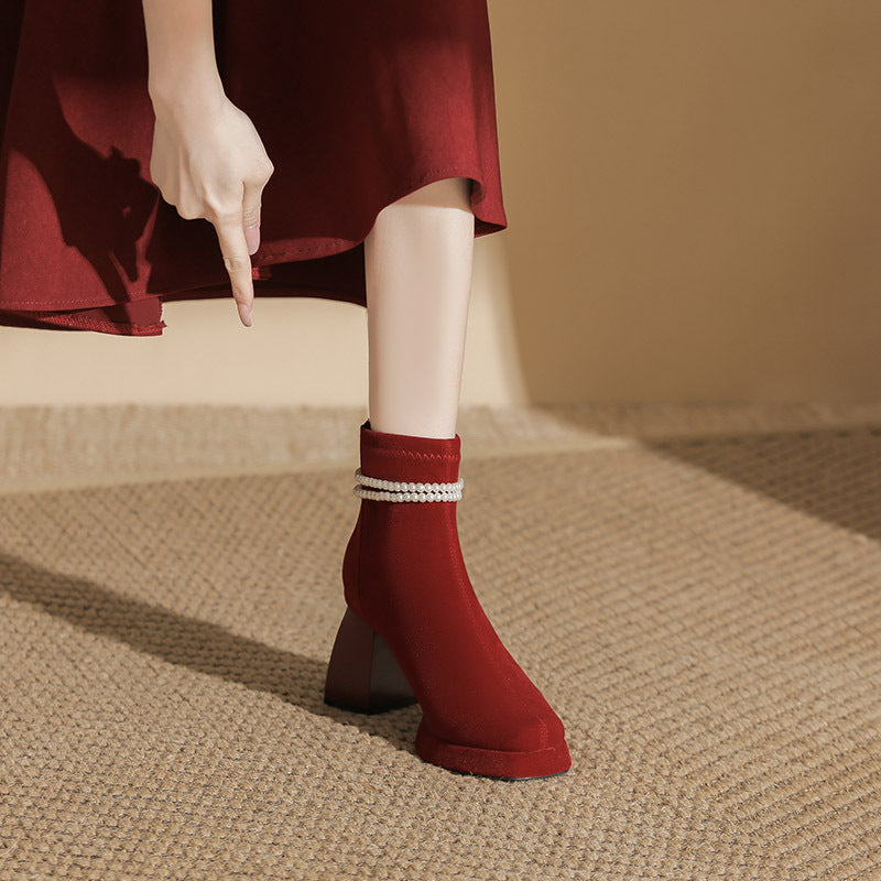 Women's Pearl Suede Burgundy Square Toe Skinny Wedding French Boots
