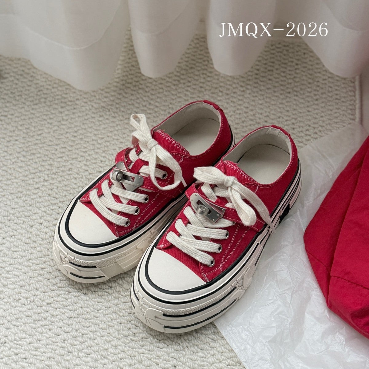 Women's Spring Red Black Double Color Lock Two-way Platform Canvas Shoes