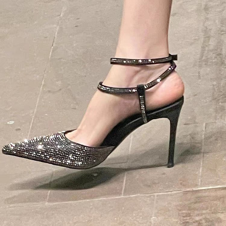 Women's Summer Pointed Toe Rhinestone Closed Buckle Stiletto Sexy High Heeled Sandals