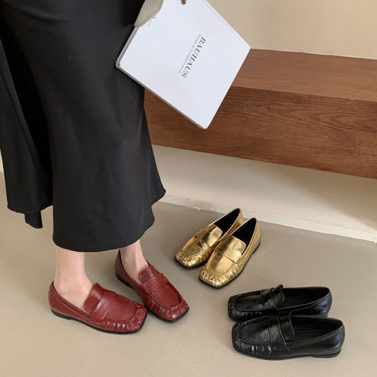 Autumn Retro Square Toe Golden Soft Pleated Neutral Loafers