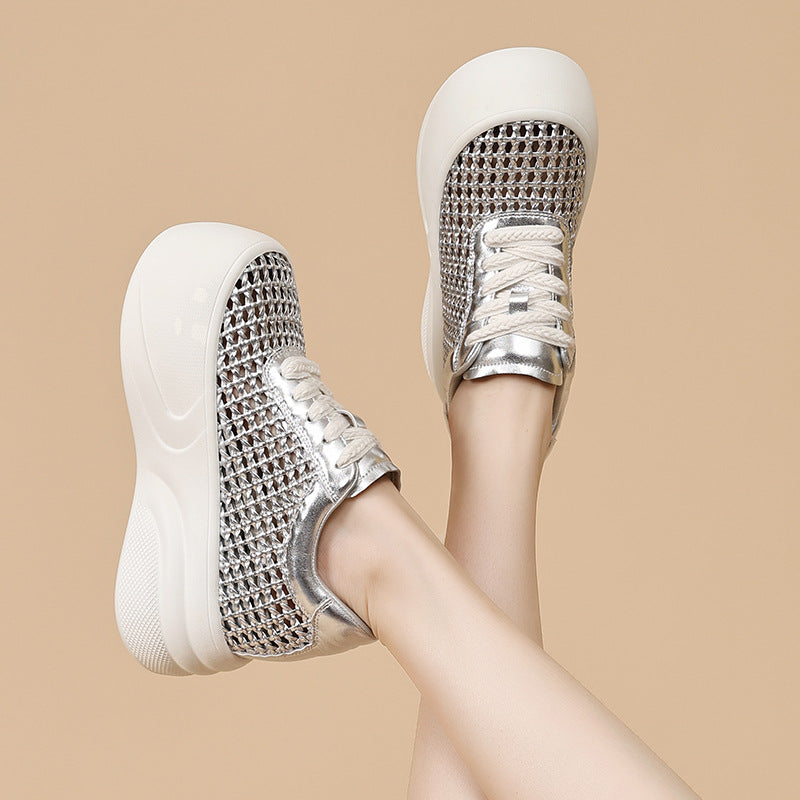 Women's White Thick-soled Summer Versatile Woven Sports Height Increasing Leisure Breathable Sneakers