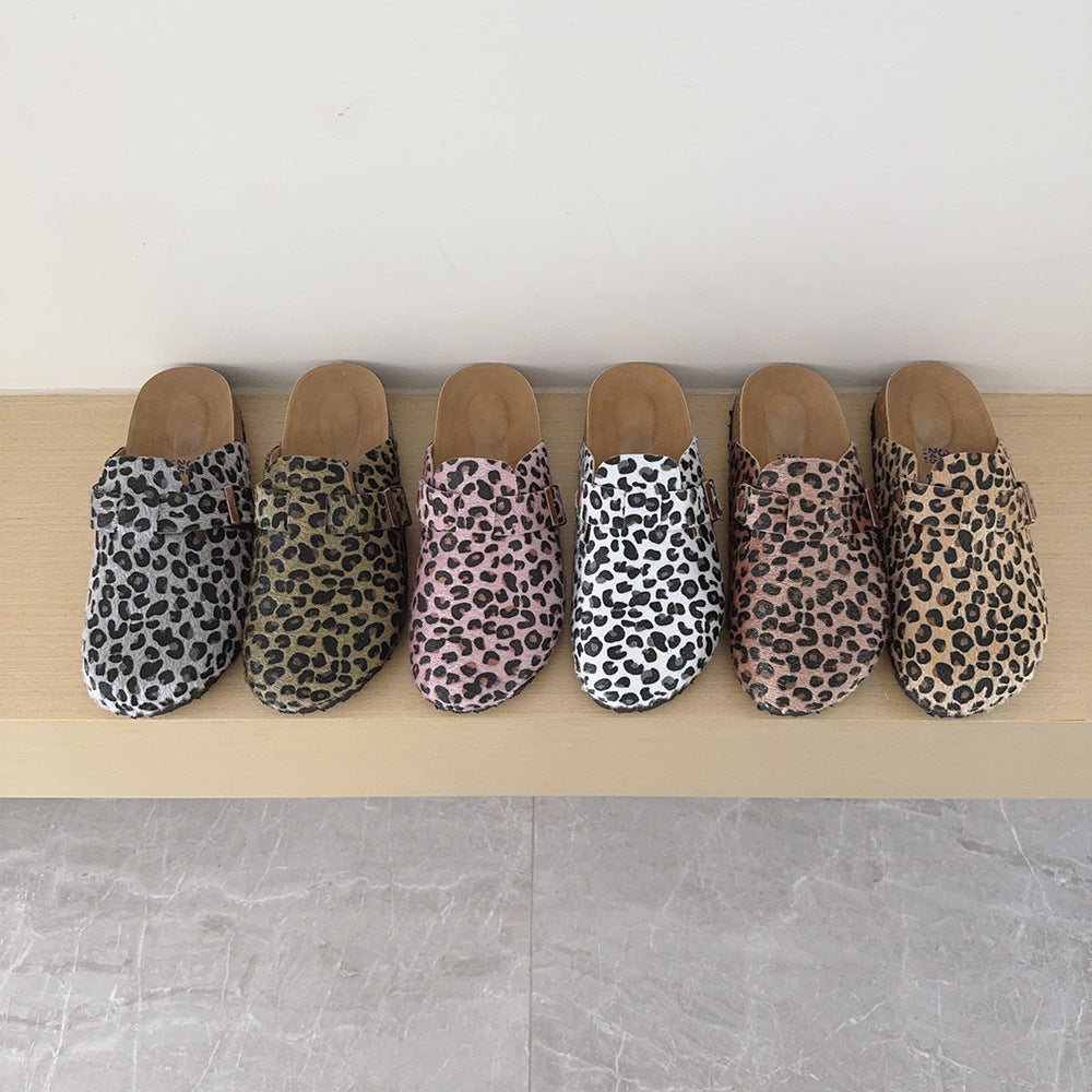 Women's Buckle Leopard Print Summer Closed Toe Half Support Slip-on Lofter Women's Casual Shoes