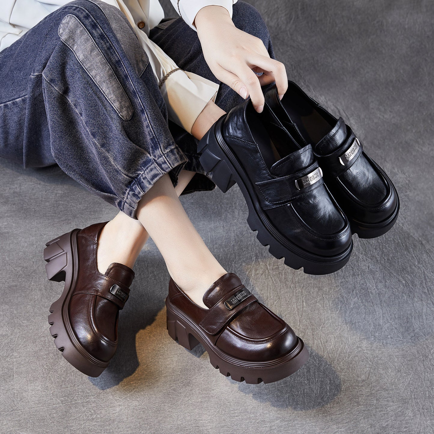 Women's Platform Autumn Light Luxury Cowhide Small Versatile Metal Loafers