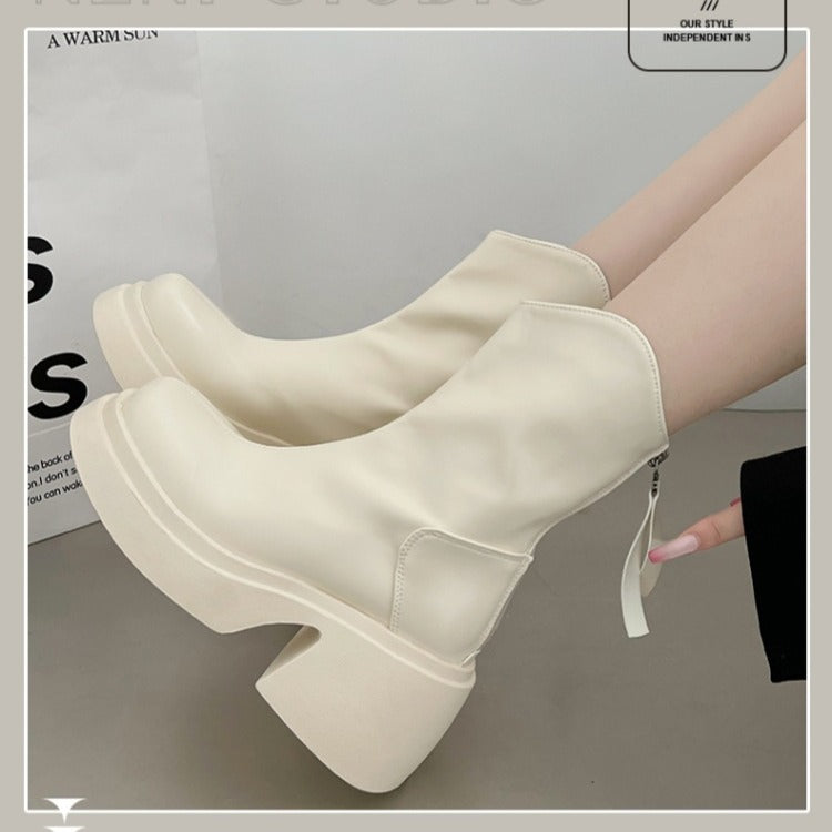 Women's Skinny Short Chunky High Platform White Boots