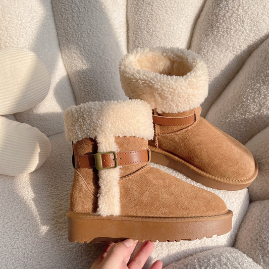 Winter Thick Bottom Increased Knight Belt Buckle Roll Wool Boots