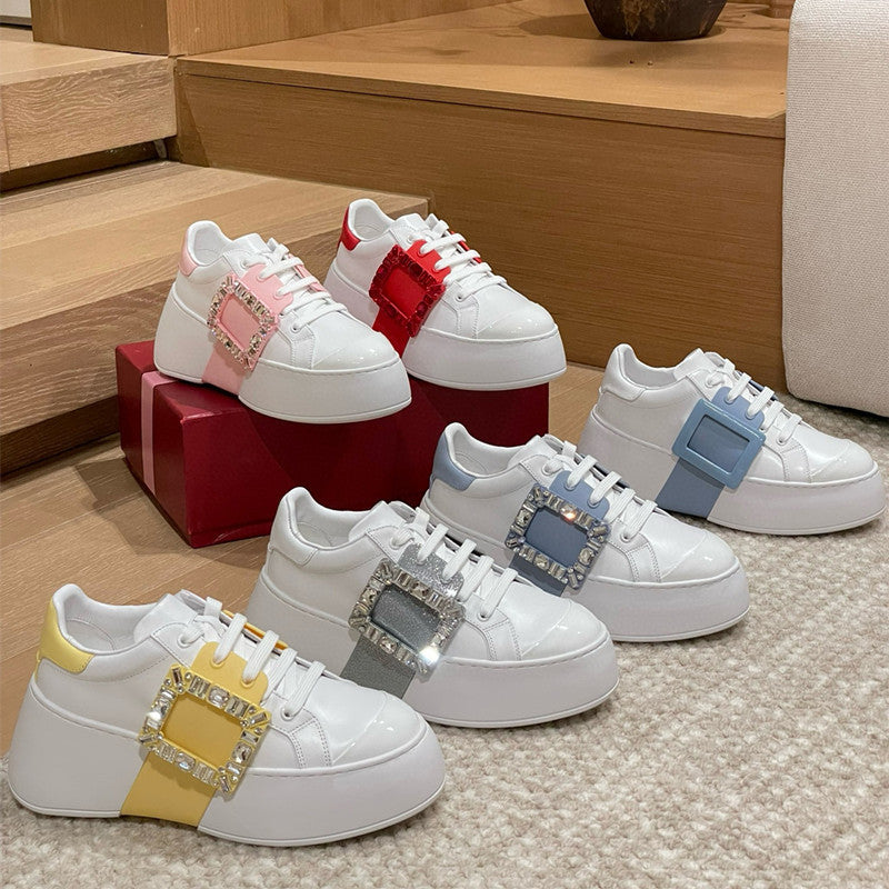 Women's Thick-soled High-rise Square Buckle Diamond White Genuine Platform Women's Casual Shoes