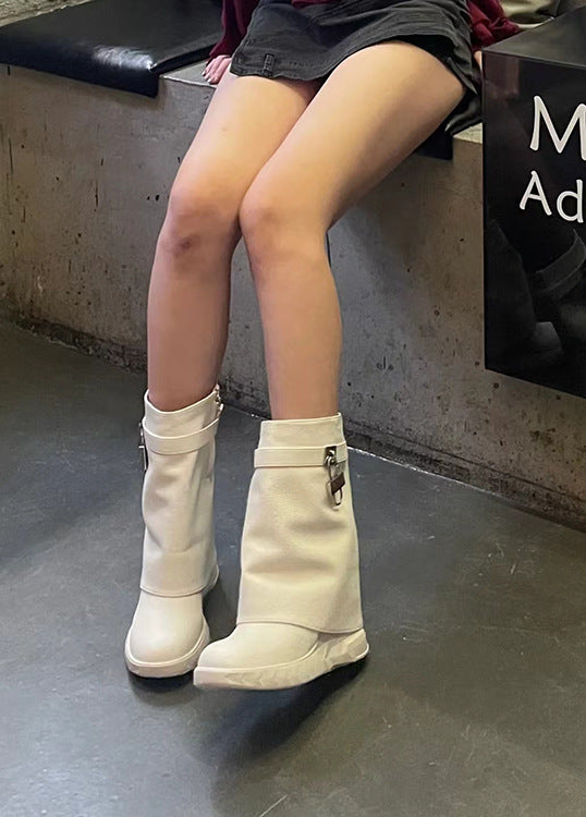 Women's Metal Lock Catch Thick Bottom Bootie Height Increasing Pants Boots