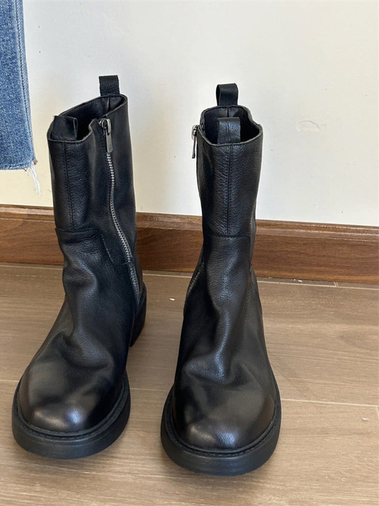 Soft Cowhide Martin Side Zipper Fashion British Round Women's Leather Boots