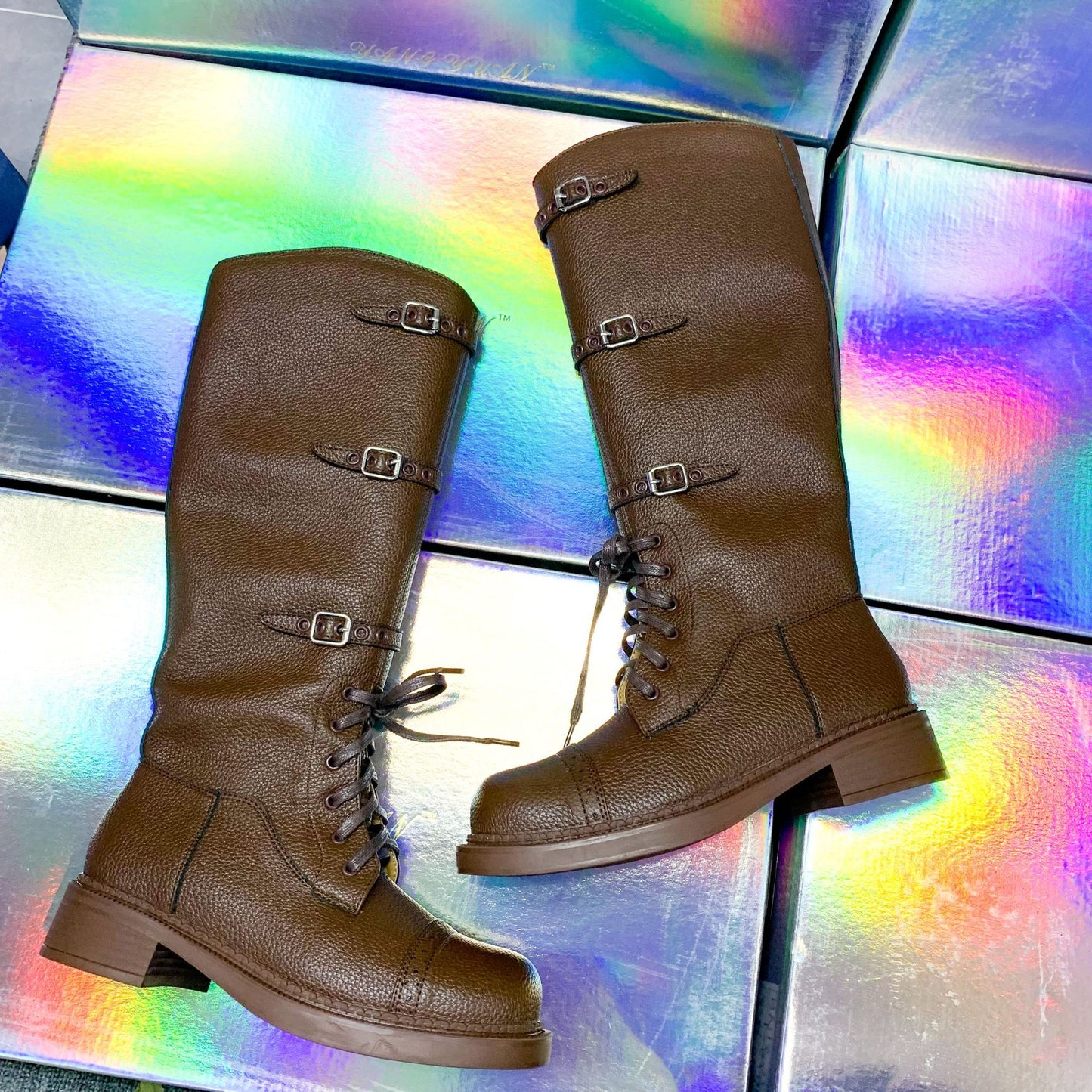 Women's Belt Buckle Retro Chunky High Top Martin Boots
