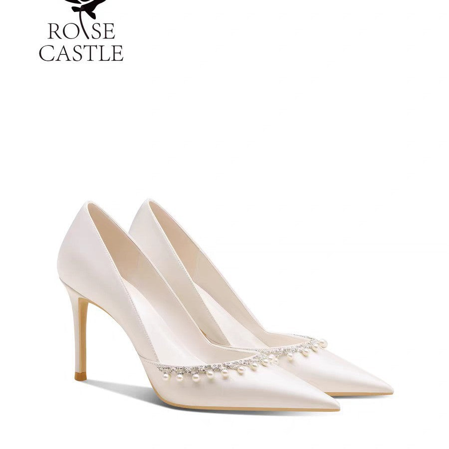 Women's Pearl Chain Engagement French White Main Wedding Banquet Dress Fine Women's Fashion Shoes