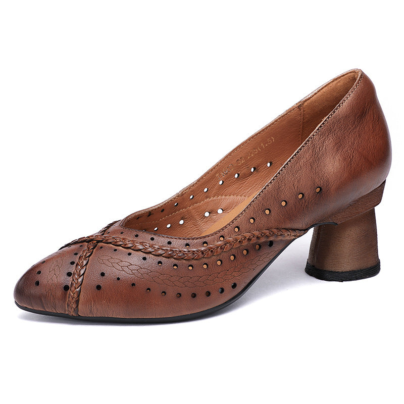 Women's Polished Artistic Hole Ventilation Soft Cowhide Thick Comfortable Cotton Linen Heels
