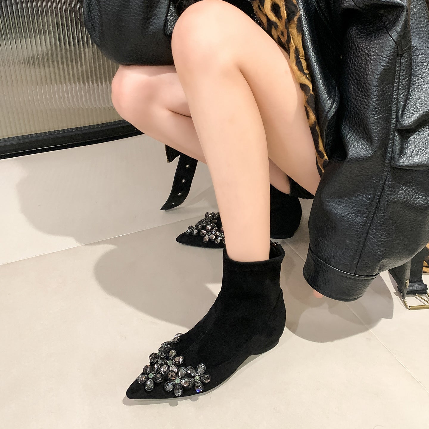 Women's Toe Skinny Ankle Suede Stretch French Women's Leather Boots
