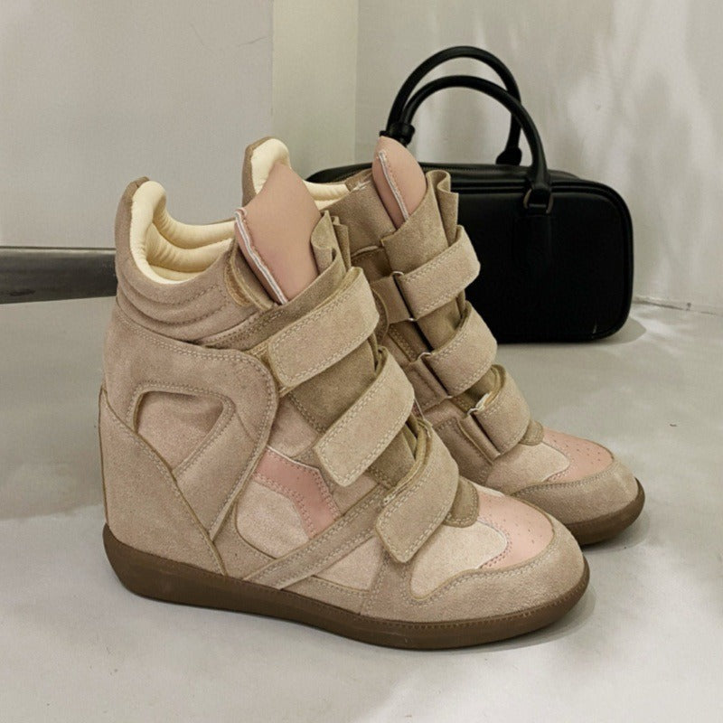 Women's Velcro Invisible Height Increasing Insole Wedge Color Matching Sports Leather Shoes