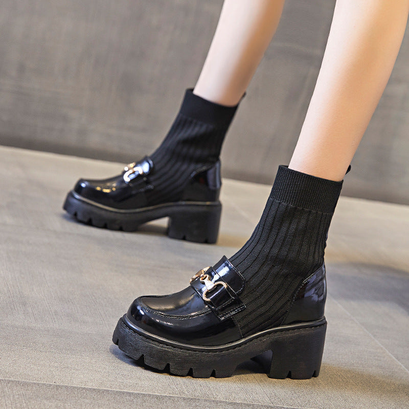 High-heeled Ankle Thick Socks Integrated With Wide Leg Pants Skirt Women's Casual Shoes