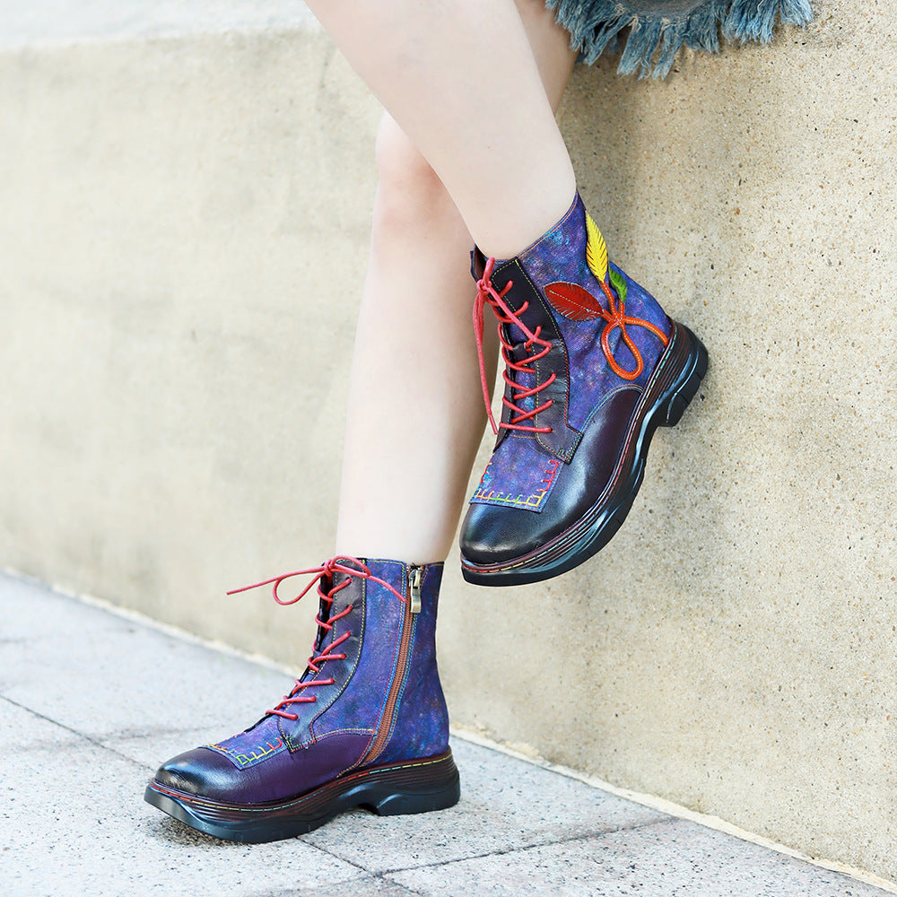 Handmade Genuine Brushed Stitching Vintage Flower Boots