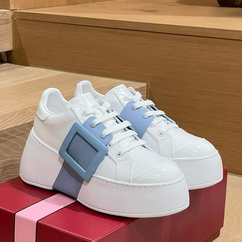 Women's Thick-soled High-rise Square Buckle Diamond White Genuine Platform Women's Casual Shoes