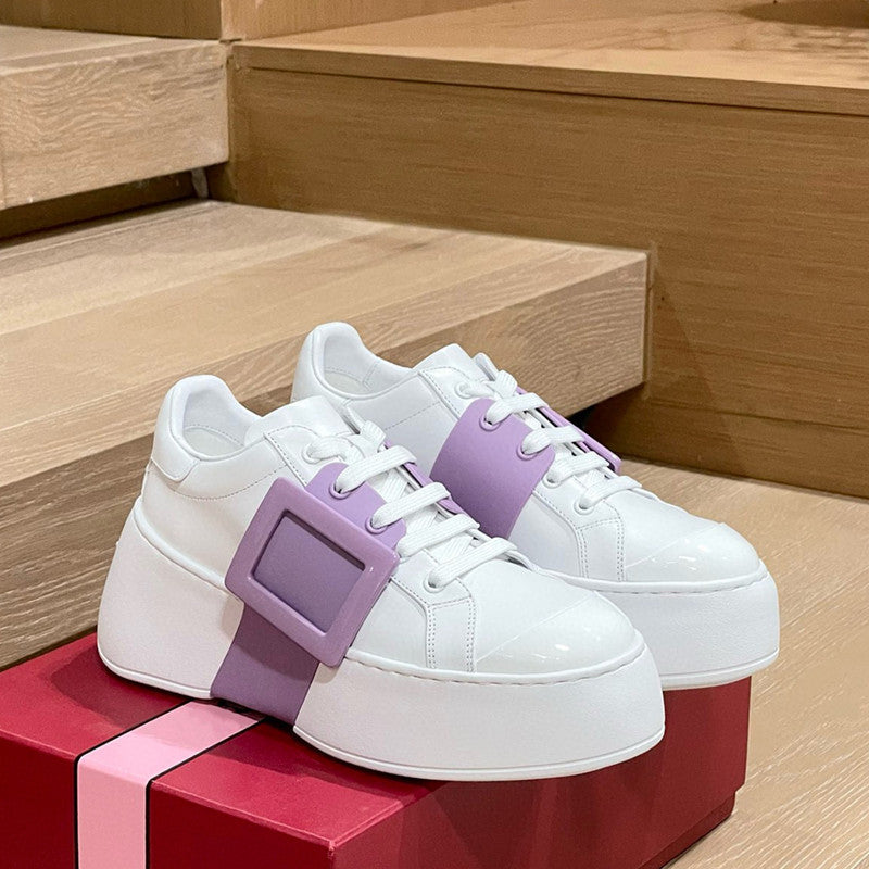 Women's Thick-soled High-rise Square Buckle Diamond White Genuine Platform Women's Casual Shoes