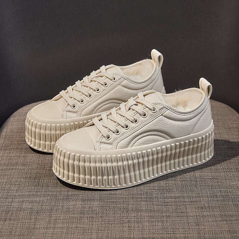 Women's Platform Biscuit Shape Fleece-lined White Sneakers