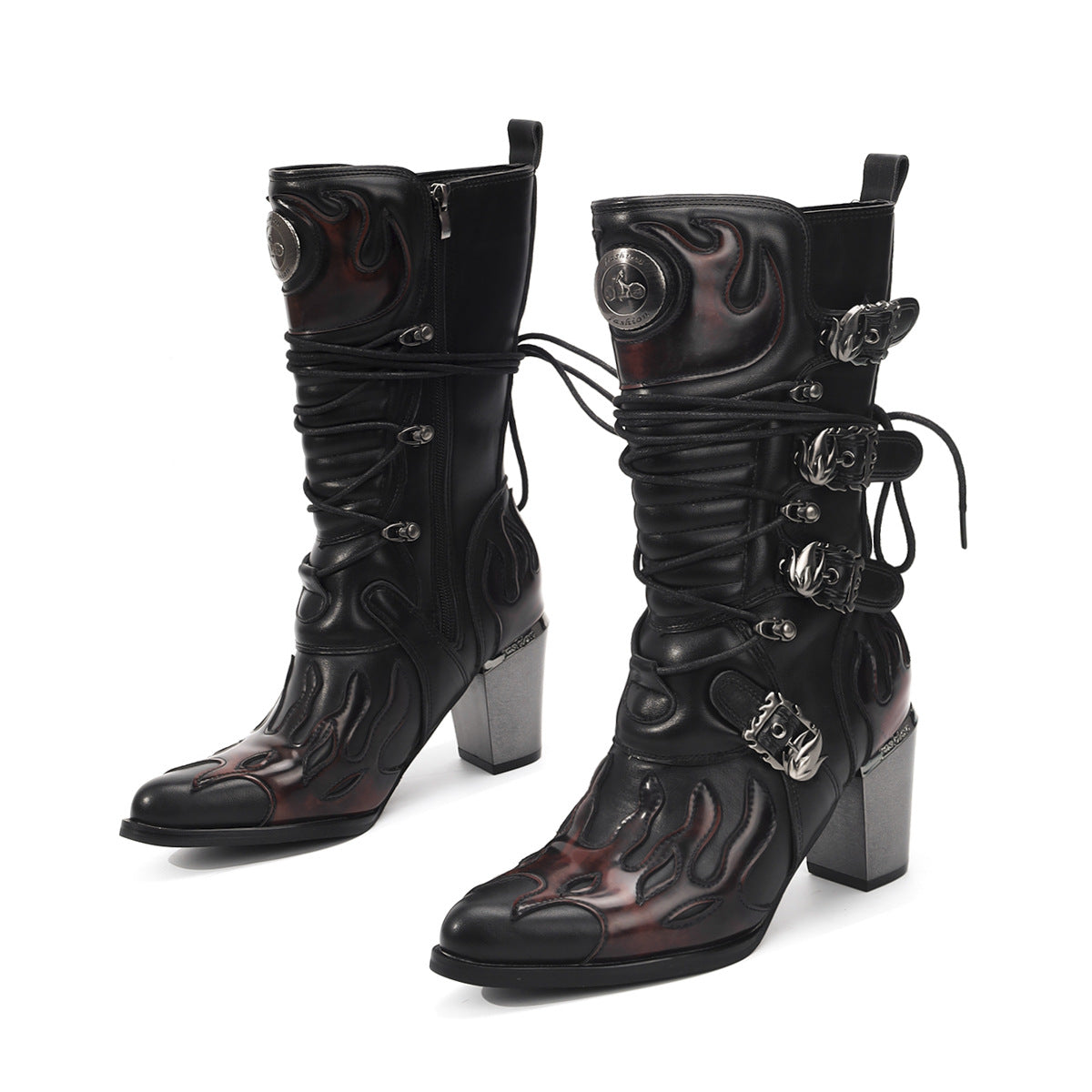 American Size Brushed Flame Middle Side Zipper Fashion Retro High Women's Leather Boots