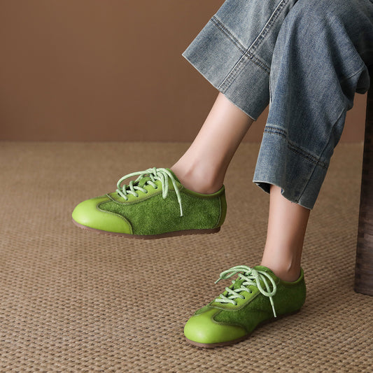 Women's First Layer Cowhide Spring Suede Flat Retro Round Women's Casual Shoes
