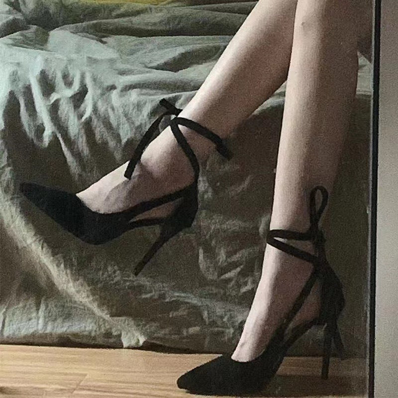 Black Plus Size High Niche Design Sexy Crossover Lace Heels